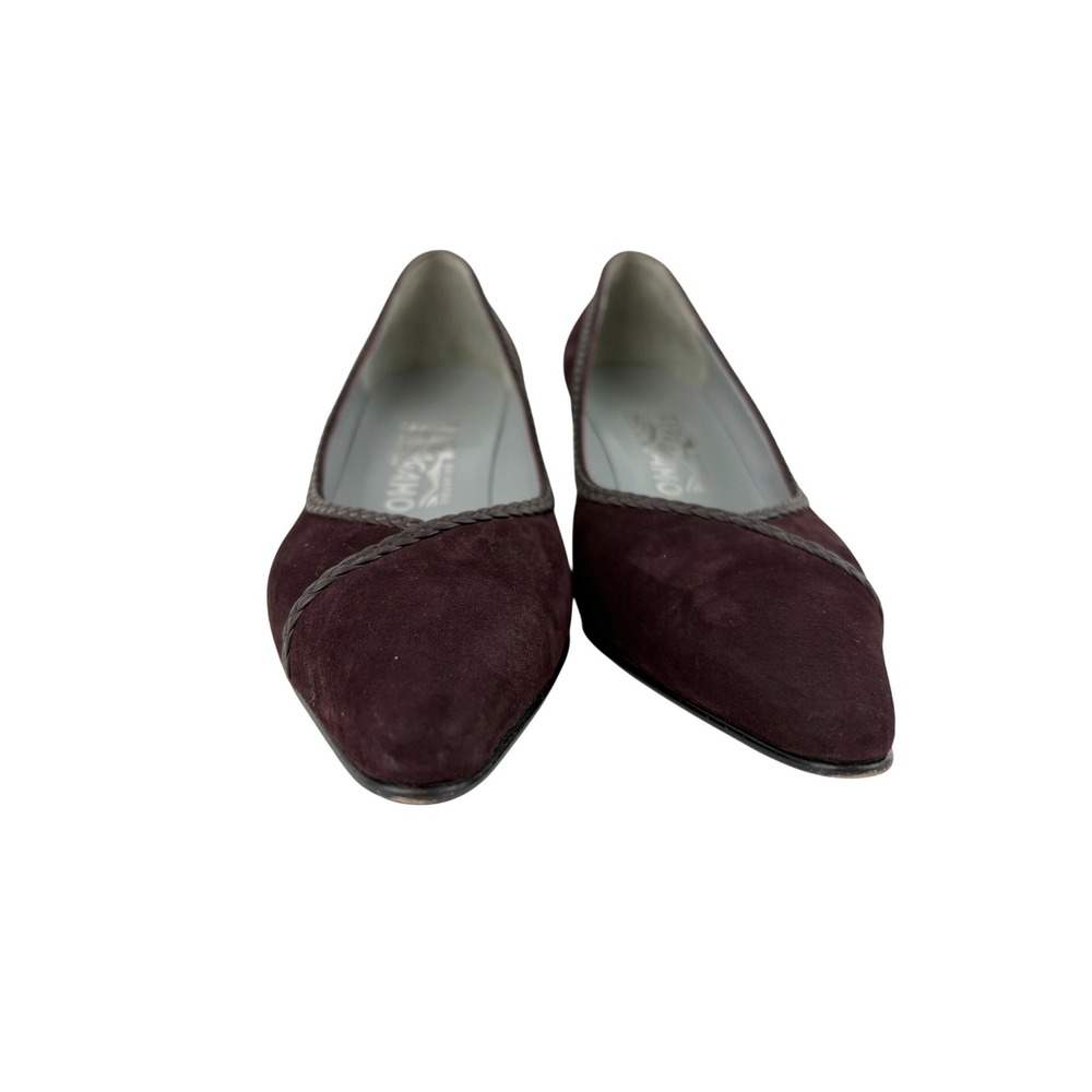 Salvatore Ferragamo Brown Suede Court Shoes Size 7B Pointed Toe Leather Piping - Picture 2 of 11